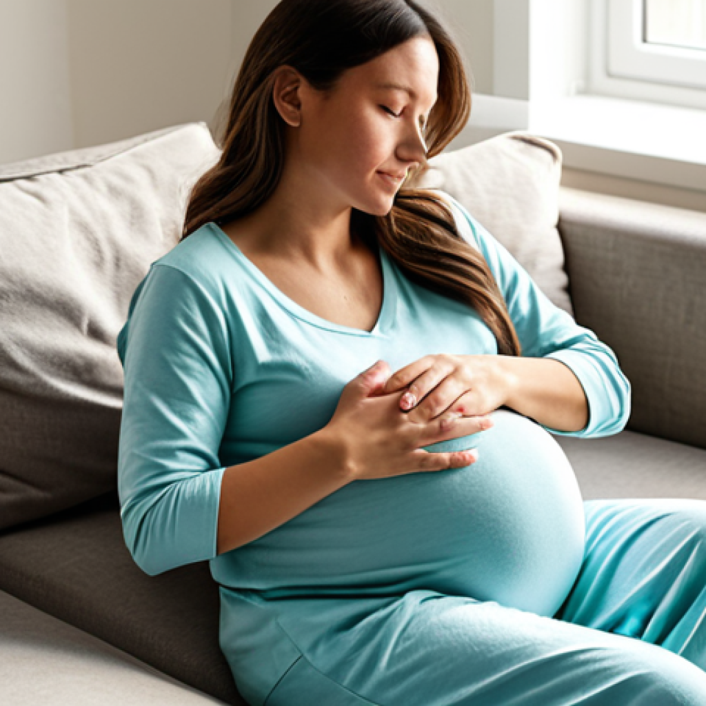 A visibly pregnant woman in her third trimester, wearing modest, comfortable loungewear, seated calmly on a plush sofa in a serene, sunlit living room. She has a gentle, contemplative expression, with one hand resting softly on her belly. A glass of water is on a nearby side table. The atmosphere is peaceful and reassuring, emphasizing self-care and understanding the body's signals. Professional photography, soft natural lighting, high resolution, perfect anatomy, correct proportions, well-formed hands, natural body proportions, fully clothed, appropriate attire, safe for work, family-friendly, appropriate content.