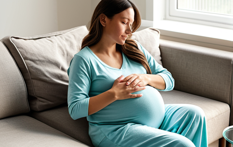 A visibly pregnant woman in her third trimester, wearing modest, comfortable loungewear, seated calmly on a plush sofa in a serene, sunlit living room. She has a gentle, contemplative expression, with one hand resting softly on her belly. A glass of water is on a nearby side table. The atmosphere is peaceful and reassuring, emphasizing self-care and understanding the body's signals. Professional photography, soft natural lighting, high resolution, perfect anatomy, correct proportions, well-formed hands, natural body proportions, fully clothed, appropriate attire, safe for work, family-friendly, appropriate content.