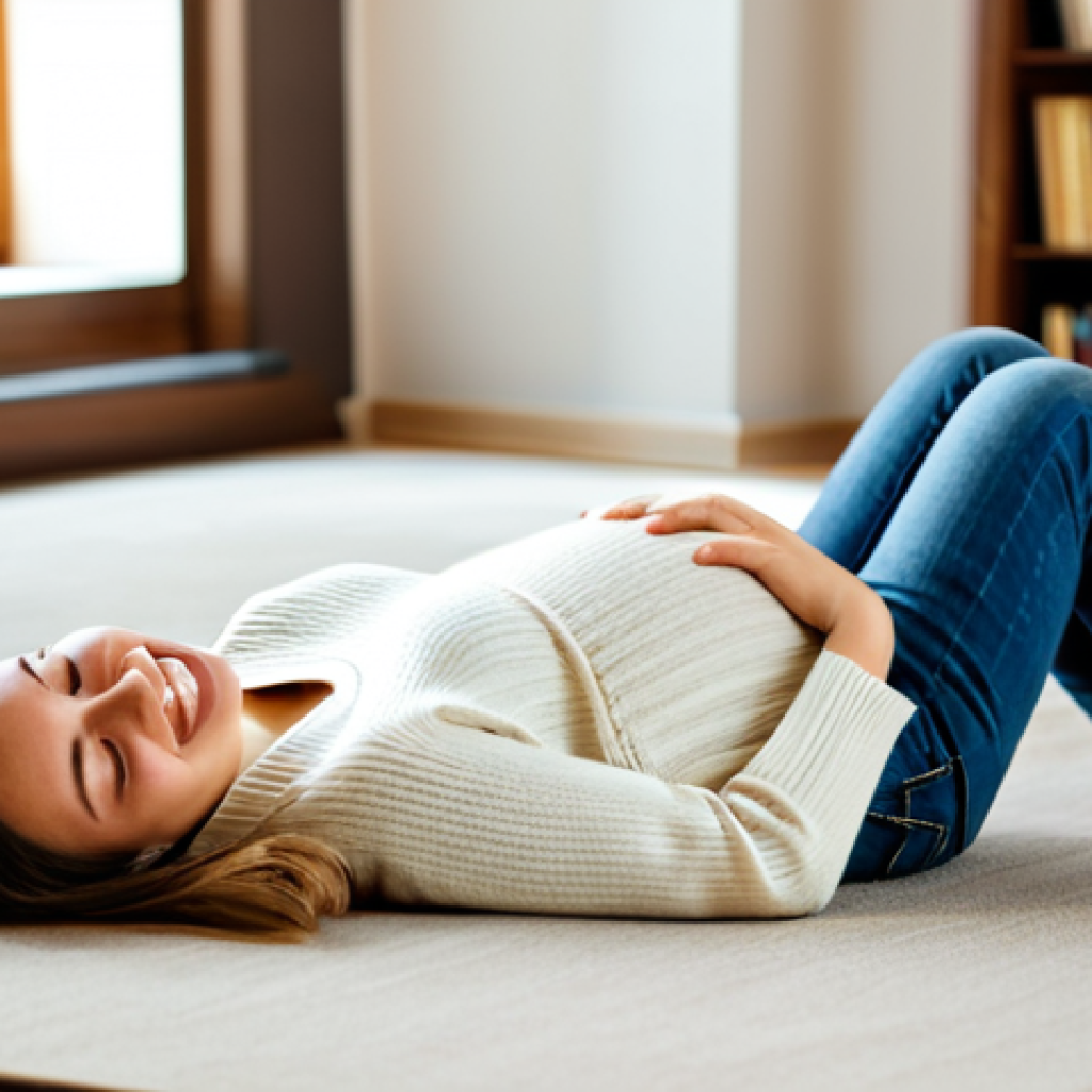 First Trimester - Gentle Flutters**
A pregnant woman in her second trimester, fully clothed in comfortable, modest clothing (loose-fitting jeans and a soft, neutral-colored sweater), lying on her back in a sunny, cozy living room. She is smiling gently with her hands resting on her lower abdomen, eyes closed in peaceful concentration. The background shows a blurred, warm interior with a bookshelf and soft lighting. Emphasize the feeling of early pregnancy and subtle sensation. Safe for work, appropriate content, professional, modest, family-friendly, perfect anatomy, correct proportions, natural pose, well-formed hands, proper finger count, natural body proportions, high quality.
**