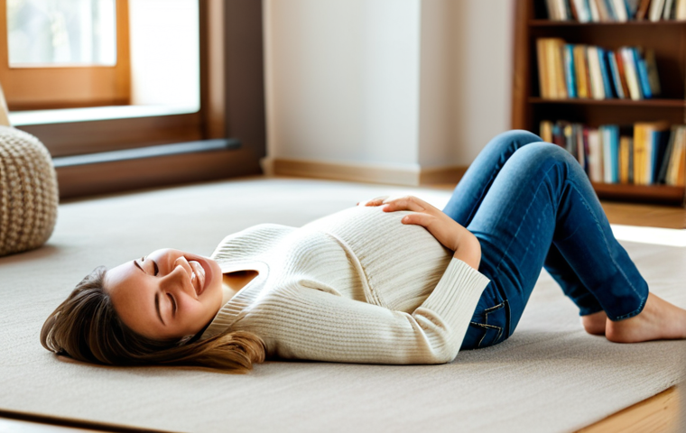 First Trimester - Gentle Flutters**
A pregnant woman in her second trimester, fully clothed in comfortable, modest clothing (loose-fitting jeans and a soft, neutral-colored sweater), lying on her back in a sunny, cozy living room. She is smiling gently with her hands resting on her lower abdomen, eyes closed in peaceful concentration. The background shows a blurred, warm interior with a bookshelf and soft lighting. Emphasize the feeling of early pregnancy and subtle sensation. Safe for work, appropriate content, professional, modest, family-friendly, perfect anatomy, correct proportions, natural pose, well-formed hands, proper finger count, natural body proportions, high quality.
**