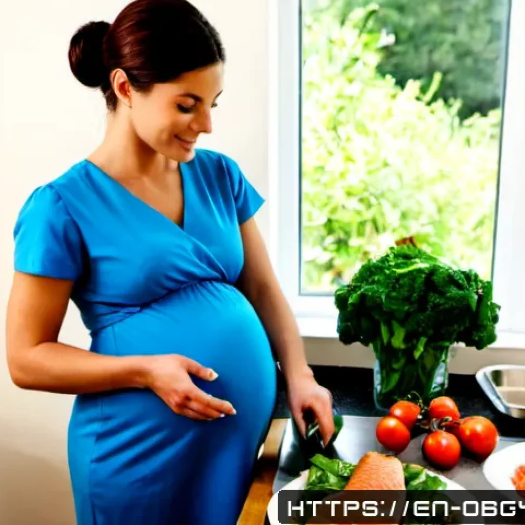 임신 중 혈압 관리를 위한 식단 - Photorealistic bright home kitchen scene, a pregnant woman in her third trimester wearing a soft blu...