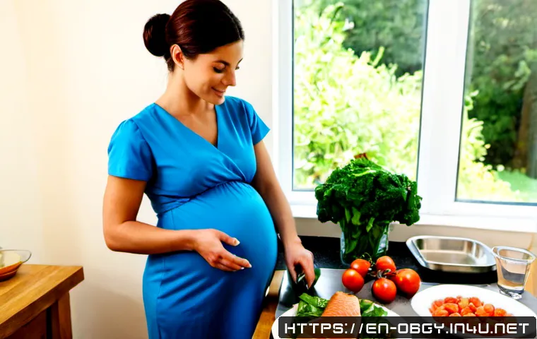 임신 중 혈압 관리를 위한 식단 - Photorealistic bright home kitchen scene, a pregnant woman in her third trimester wearing a soft blu...